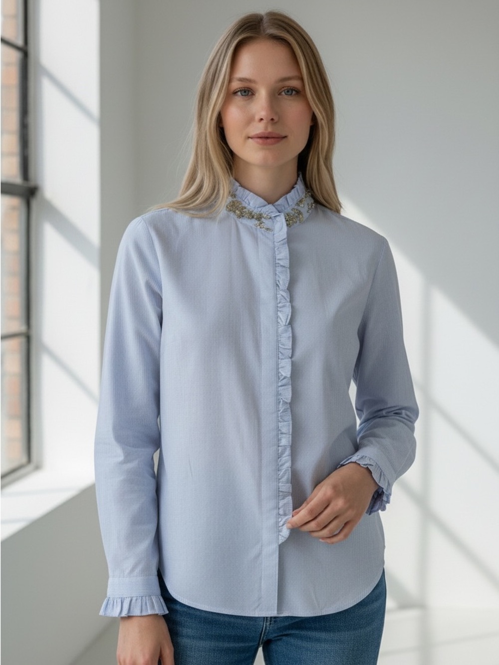 J. Crew Light Blue Women’s Button-Up Shirt with Embellished Collar Size 6